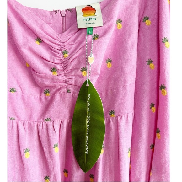 Farm Rio Linen Midi Dress Pink Embroidered Pineapple Size Small NWT - Picture 6 of 12